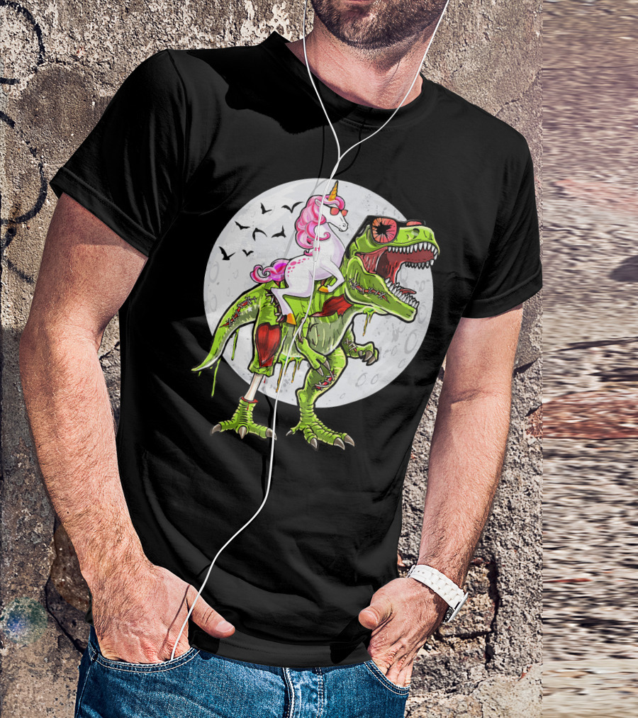 Funny Halloween Unicorn Riding Zombie Dinosaur With Bats And Full Moon T-Shirt