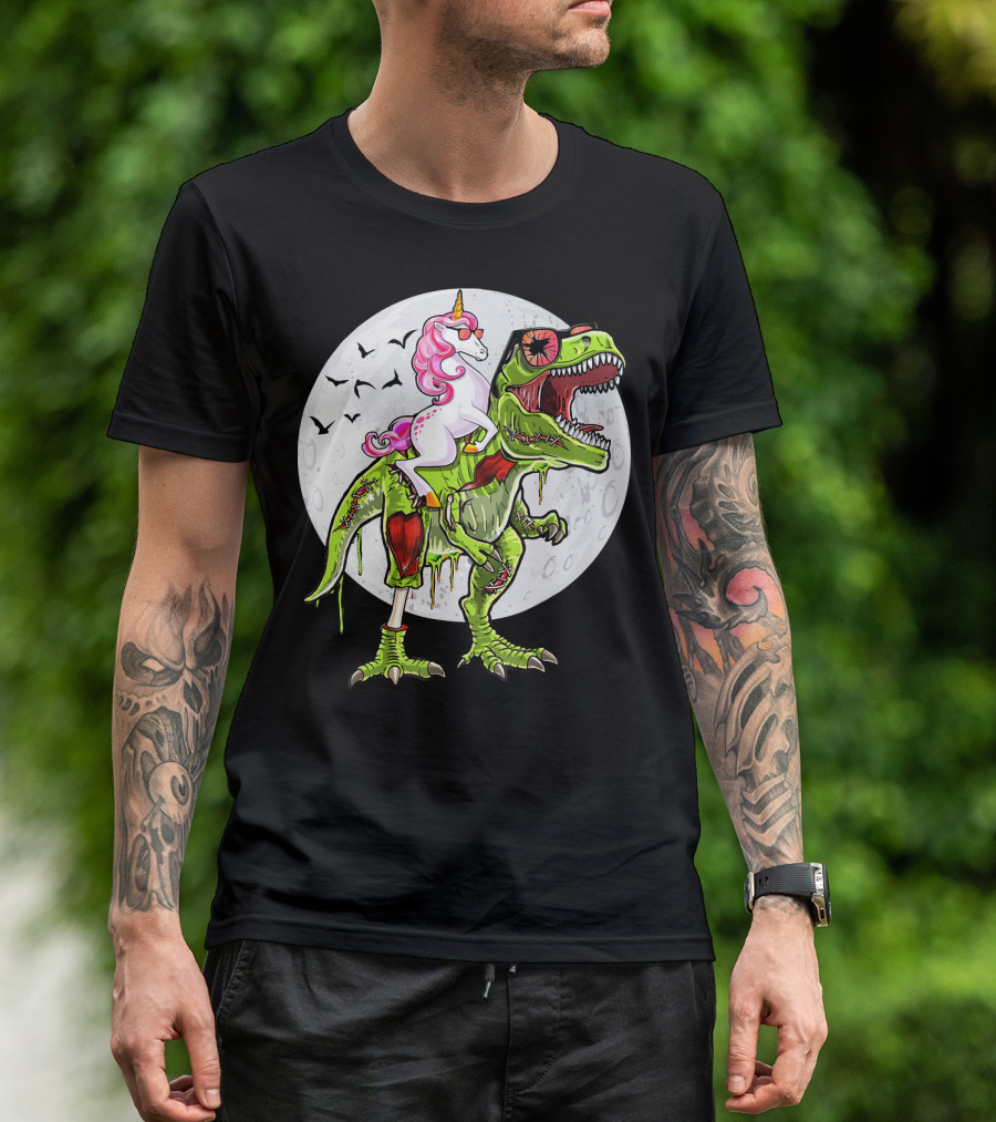 Funny Halloween Unicorn Riding Zombie Dinosaur With Bats And Full Moon T-Shirt