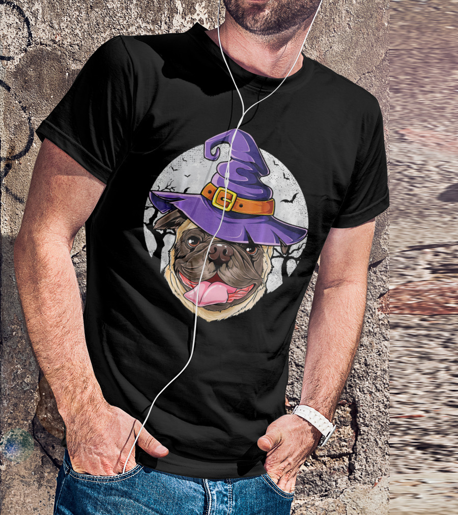 Pug Witch Hat Halloween Moon Bats Forest T-Shirt