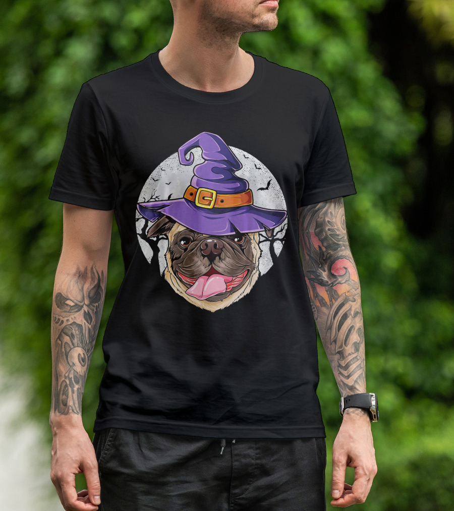 Pug Witch Hat Halloween Moon Bats Forest T-Shirt