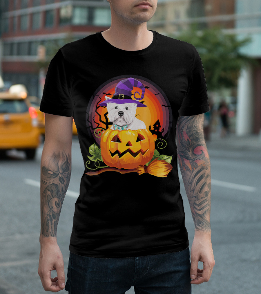 Westie Dog In Witch Hat With Jack-O'-Lantern For Halloween T-Shirt