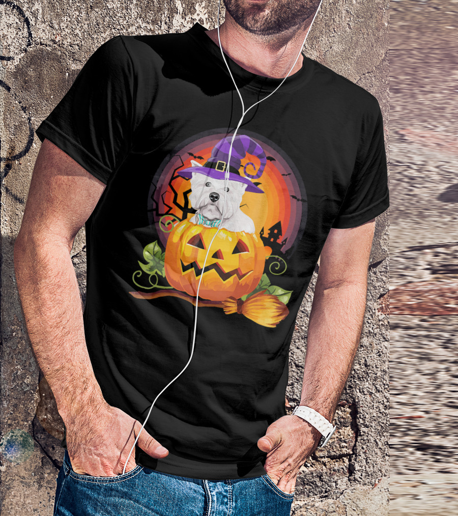 Westie Dog In Witch Hat With Jack-O'-Lantern For Halloween T-Shirt