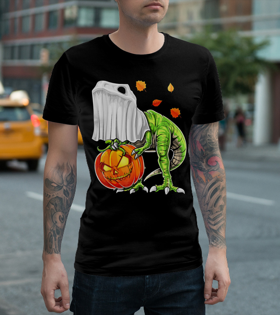 Halloween Dinosaur Ghost Pumpkin Jack Leaves T-Shirt