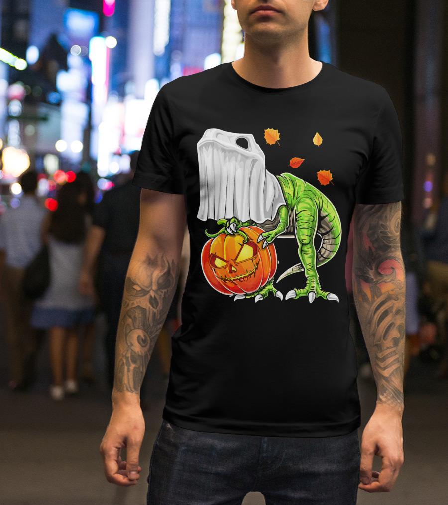 Halloween Dinosaur Ghost Pumpkin Jack Leaves T-Shirt