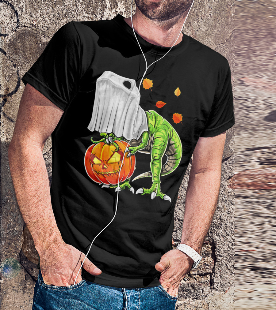 Halloween Dinosaur Ghost Pumpkin Jack Leaves T-Shirt
