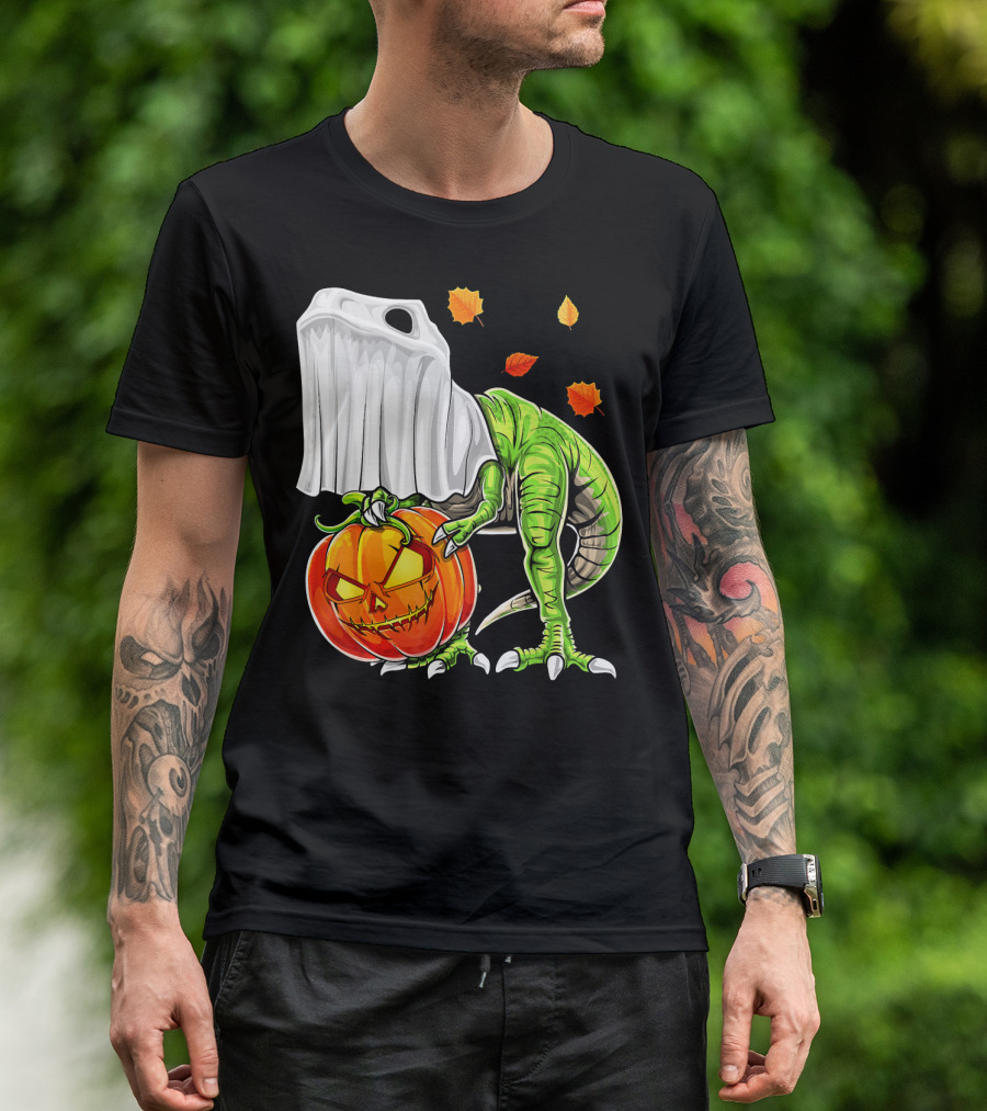 Halloween Dinosaur Ghost Pumpkin Jack Leaves T-Shirt