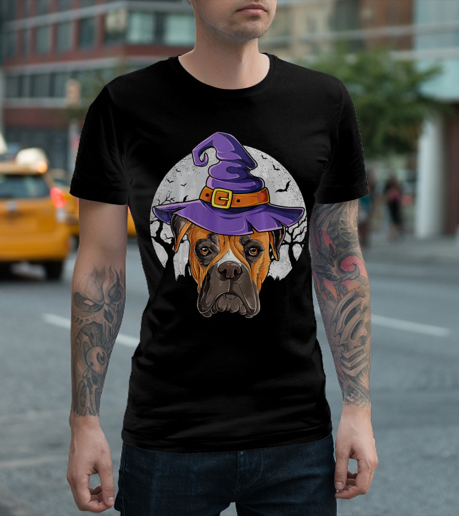 Boxer Dog Wearing Purple Witch Hat Under Full Moon with Bats Halloween T-Shirt