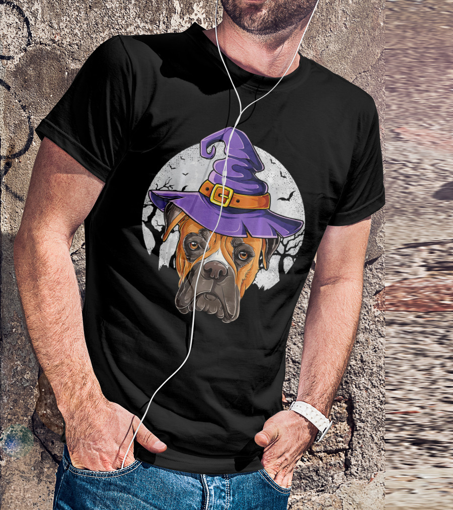 Boxer Dog Wearing Purple Witch Hat Under Full Moon With Bats Halloween T-Shirt