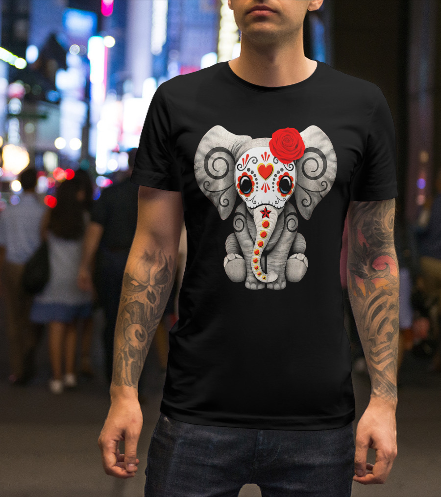 Sugar Skull Elephant With Red Rose Day Of The Dead T-Shirt