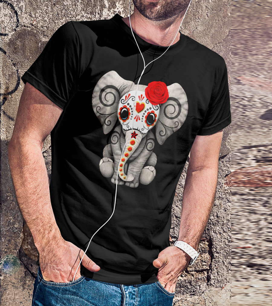 Sugar Skull Elephant With Red Rose Day Of The Dead T-Shirt