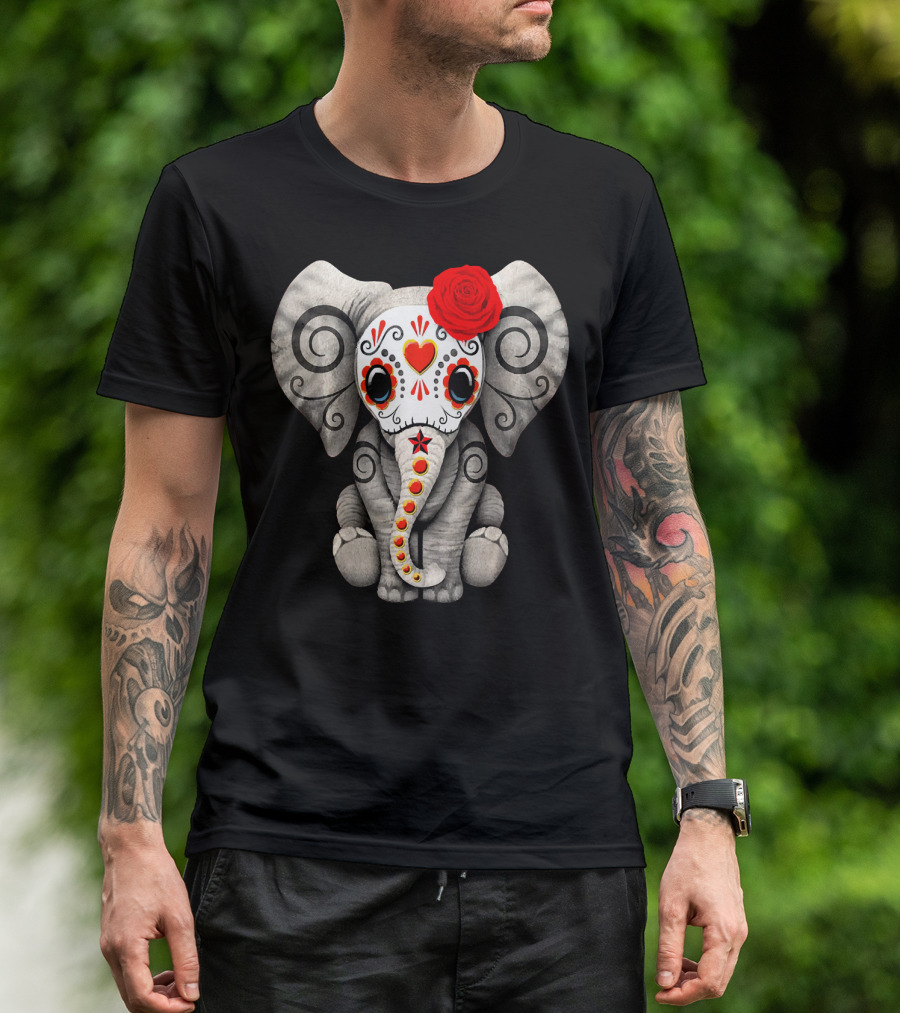 Sugar Skull Elephant With Red Rose Day Of The Dead T-Shirt
