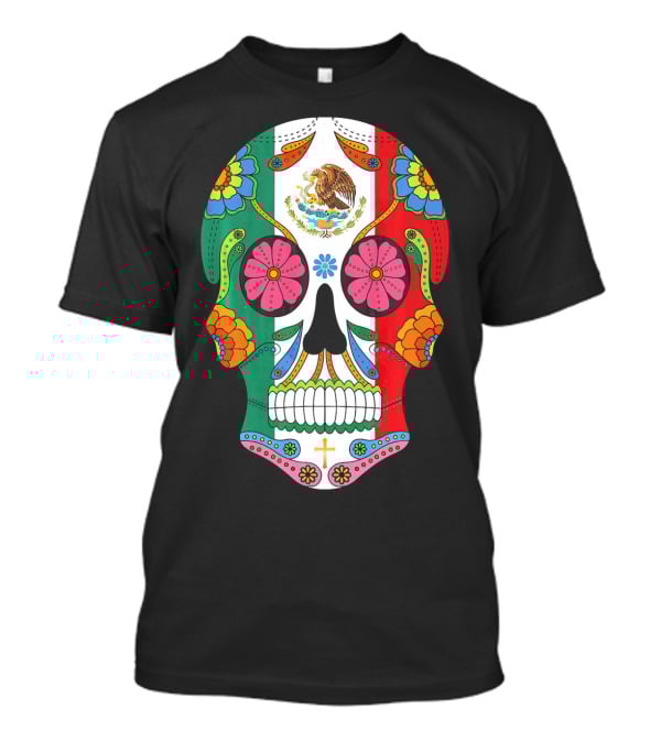 Mexican Flag Sugar Skull Eagle Floral Motif T-Shirt