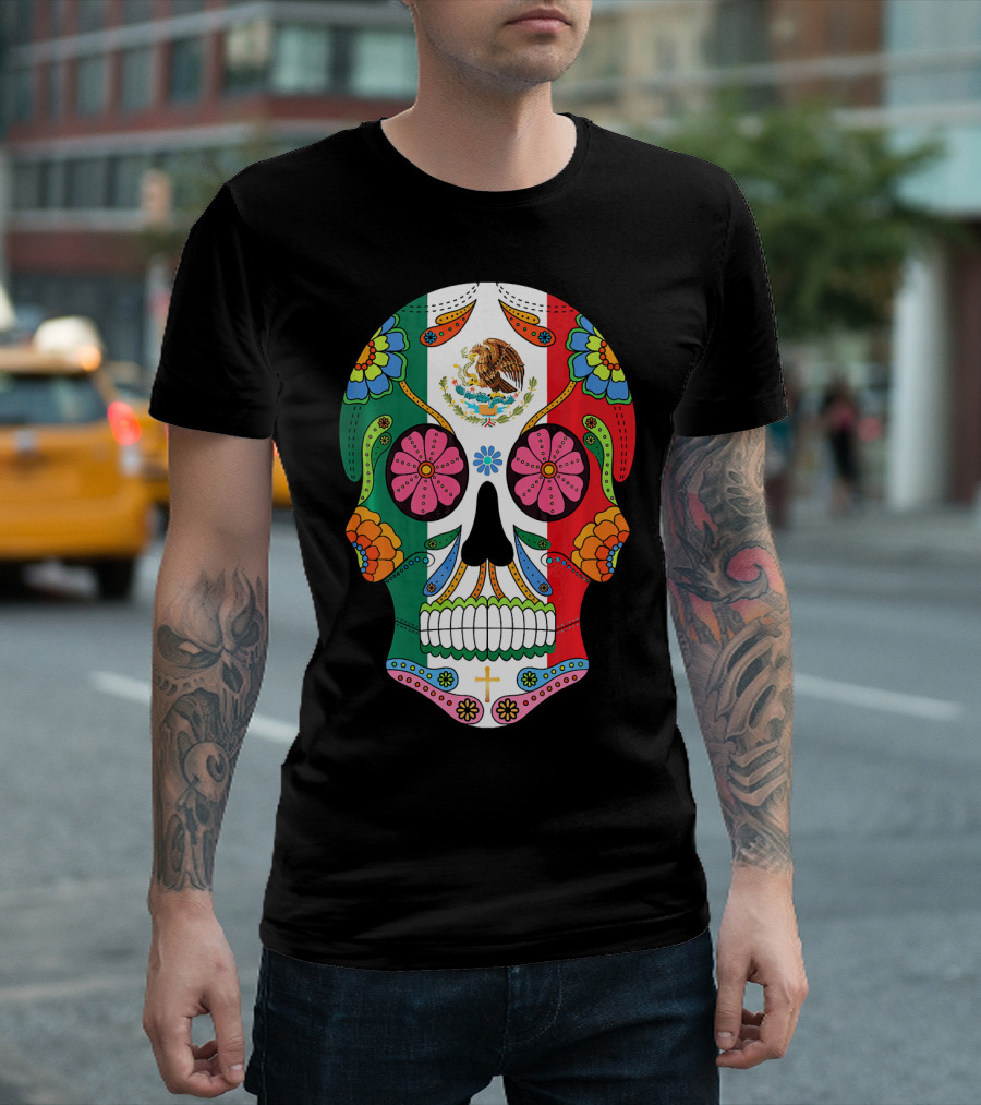 Mexican Flag Sugar Skull Eagle Floral Motif T-Shirt