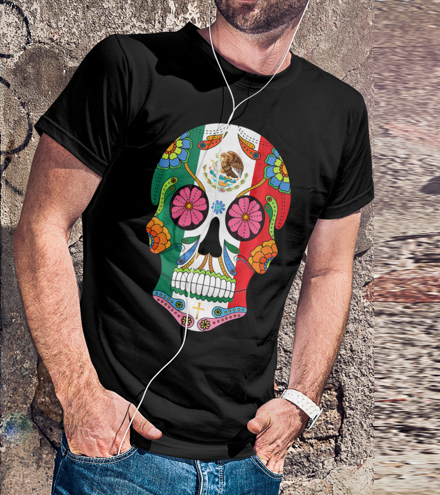 Mexican Flag Sugar Skull Eagle Floral Motif T-Shirt