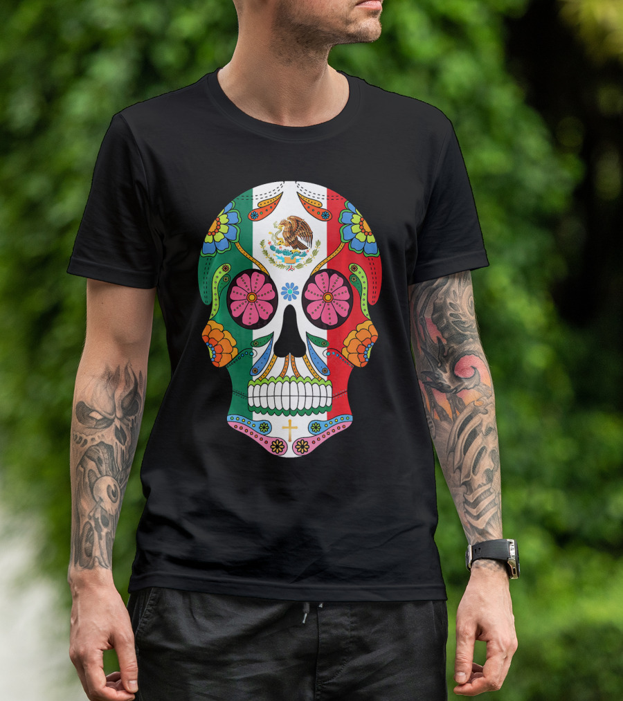 Mexican Flag Sugar Skull Eagle Floral Motif T-Shirt