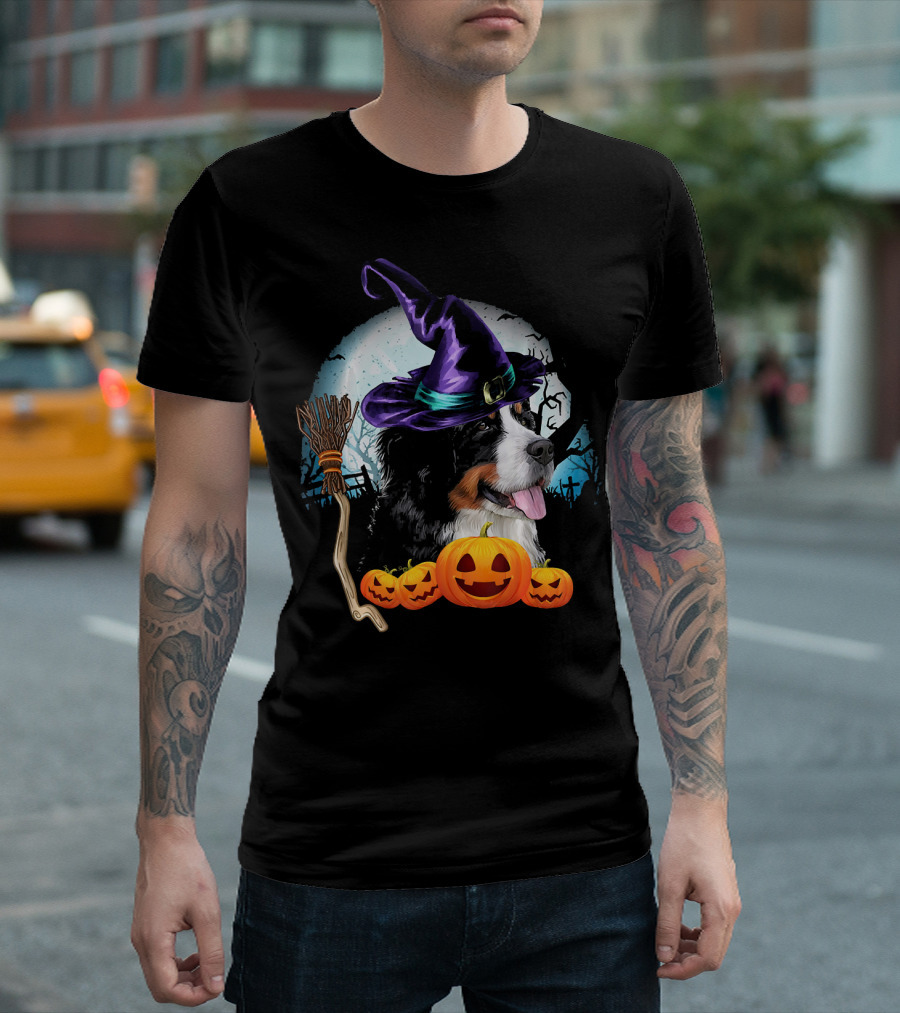 Bernese Mountain Dog in Witch Hat with Pumpkins and Broomstick Halloween Scene T-Shirt