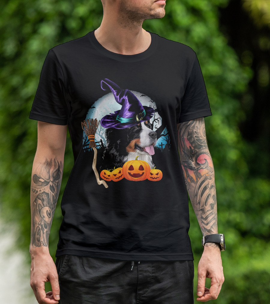 Bernese Mountain Dog In Witch Hat With Pumpkins And Broomstick Halloween Scene T-Shirt
