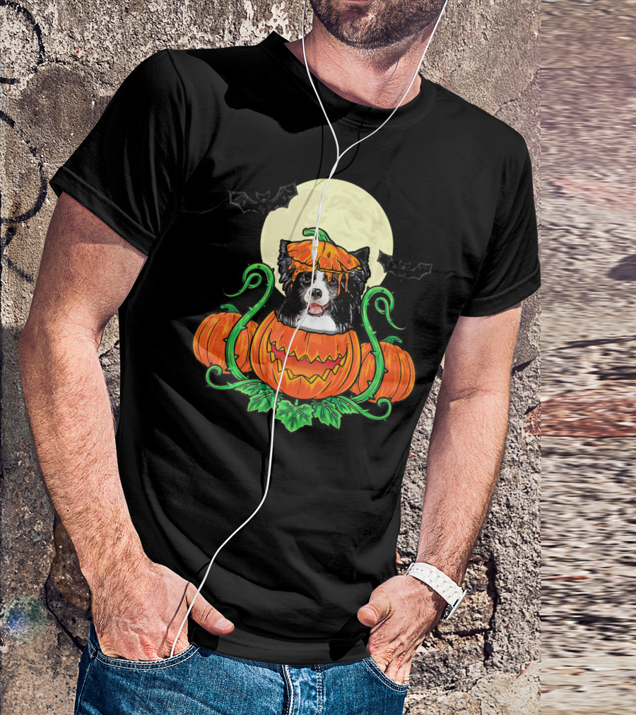 Border Collie Halloween Pumpkin Full Moon With Bats T-Shirt