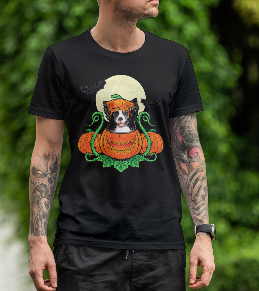 Border Collie Halloween Pumpkin Full Moon With Bats T-Shirt