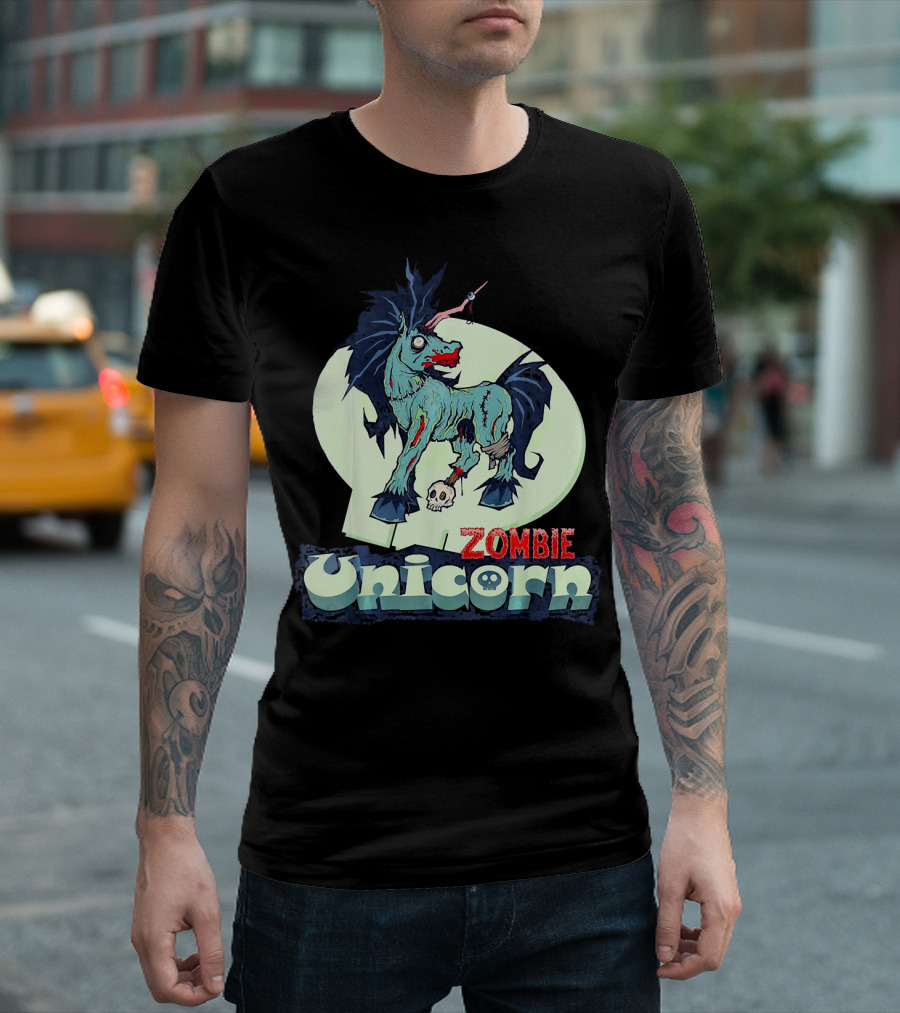 Zombie Unicorn with Skull and Blood Splatter T-Shirt