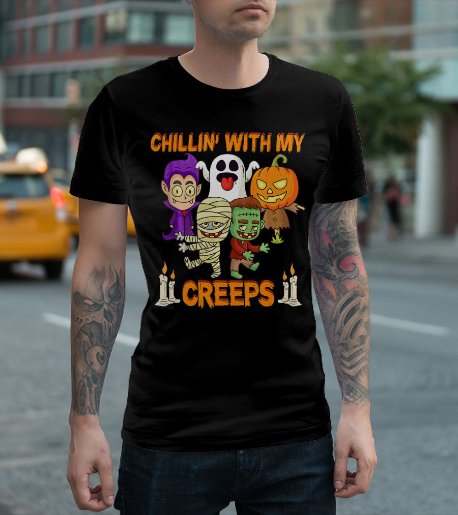 Chillin With My Creeps Ghost Mummy Frankenstein Vampire Pumpkin Candles T-Shirt