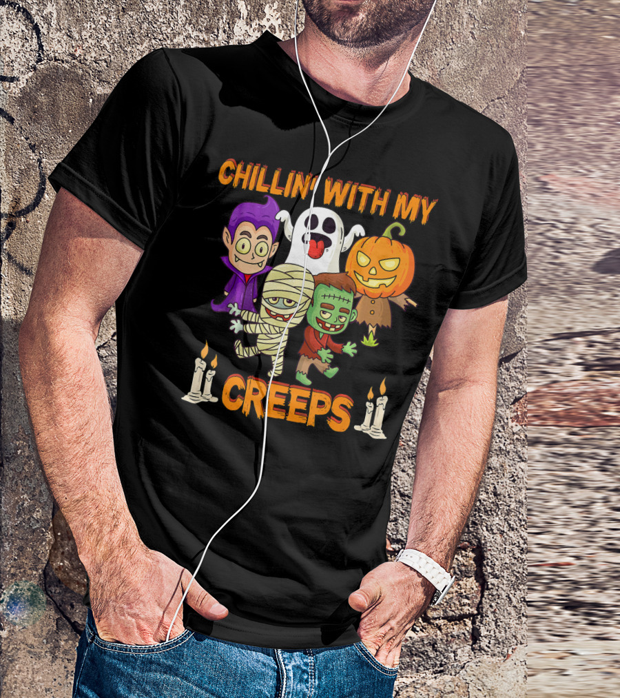 Chillin With My Creeps Ghost Mummy Frankenstein Vampire Pumpkin Candles T-Shirt
