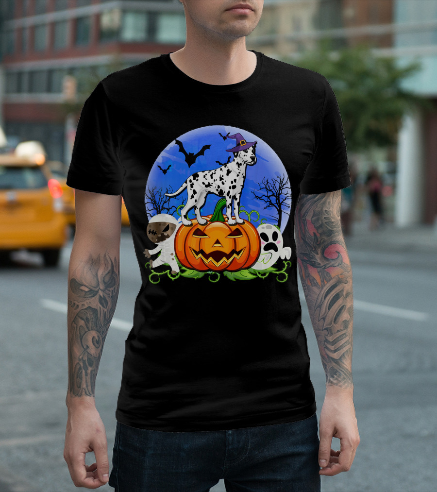 Dalmatian Pumpkin Halloween Mummy Ghost Moon Bats Trees T-Shirt