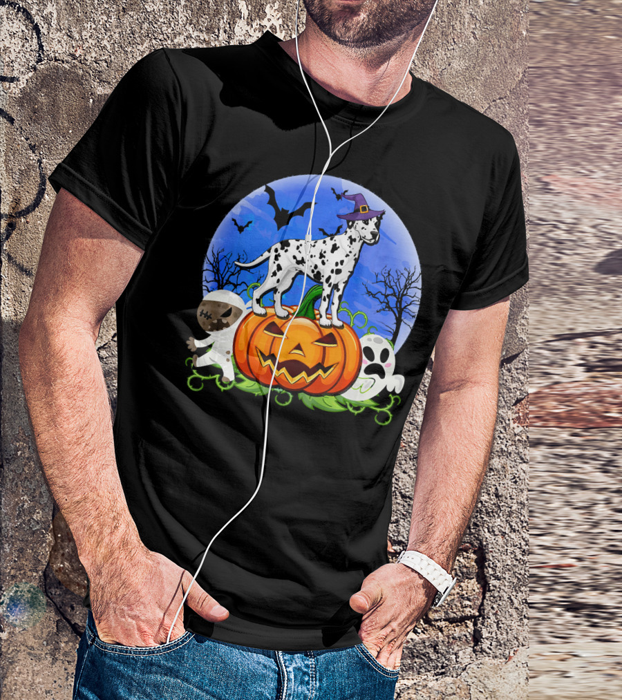 Dalmatian Pumpkin Halloween Mummy Ghost Moon Bats Trees T-Shirt