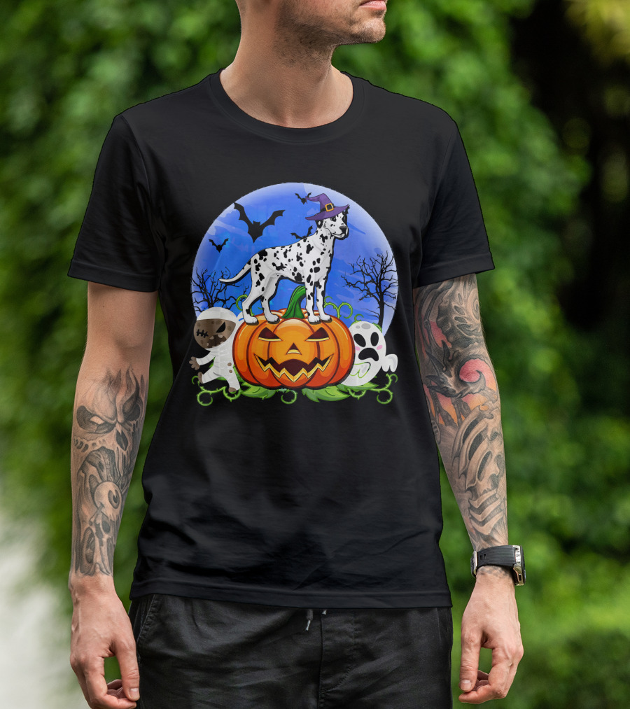 Dalmatian Pumpkin Halloween Mummy Ghost Moon Bats Trees T-Shirt