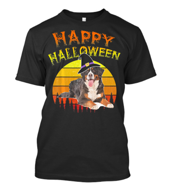 Happy Halloween Bernese Mountain Dog Lover Witch Hat Sunset T-Shirt