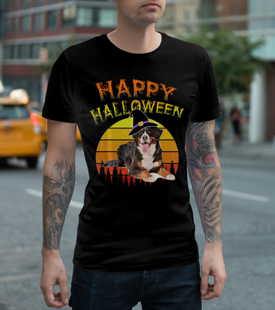 Happy Halloween Bernese Mountain Dog Lover Witch Hat Sunset T-Shirt
