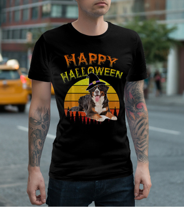 Happy Halloween Bernese Mountain Dog Lover Witch Hat Sunset T-Shirt