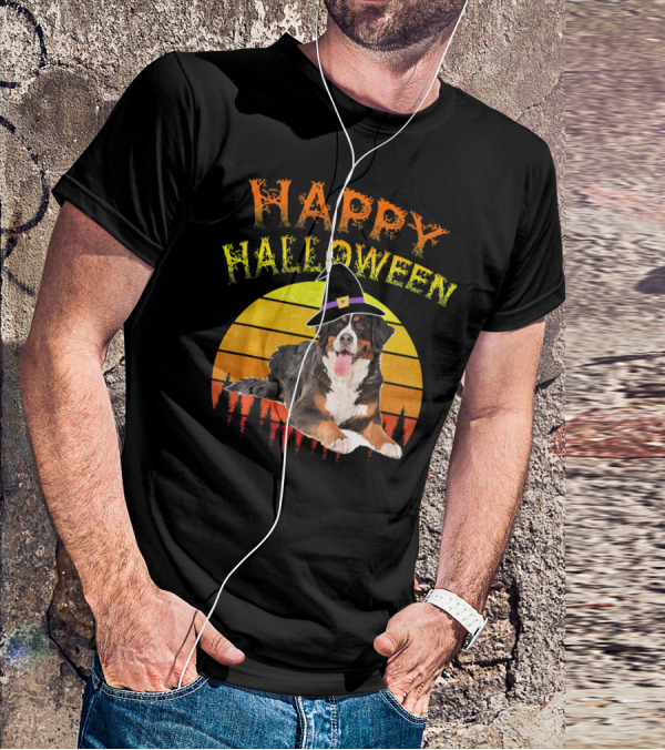 Happy Halloween Bernese Mountain Dog Lover Witch Hat Sunset T-Shirt