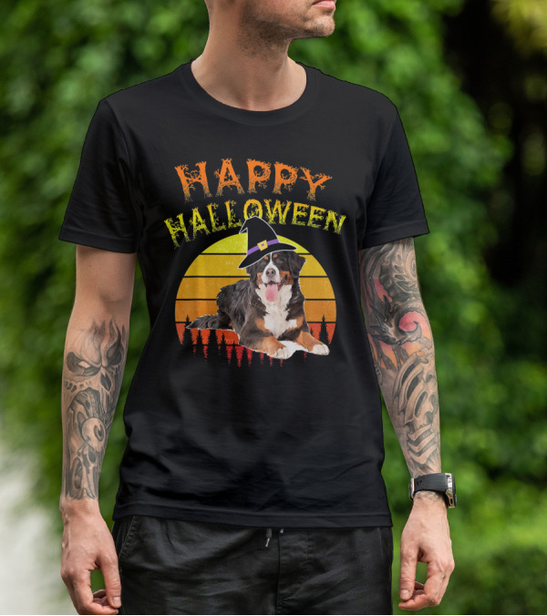 Happy Halloween Bernese Mountain Dog Lover Witch Hat Sunset T-Shirt