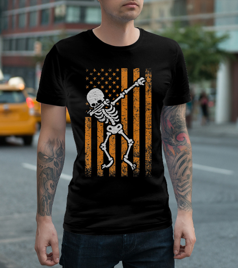 Halloween Dabbing Skeleton American Flag Retro Style Icons T-Shirt