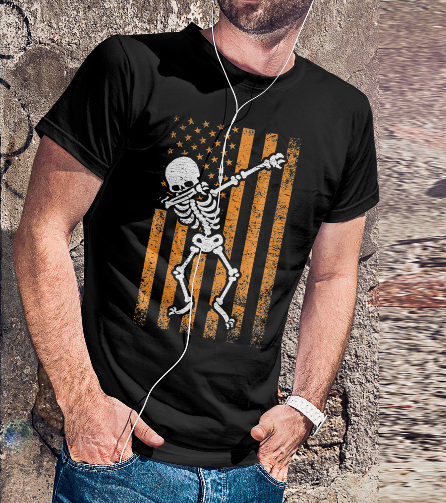 Halloween Dabbing Skeleton American Flag Retro Style Icons T-Shirt