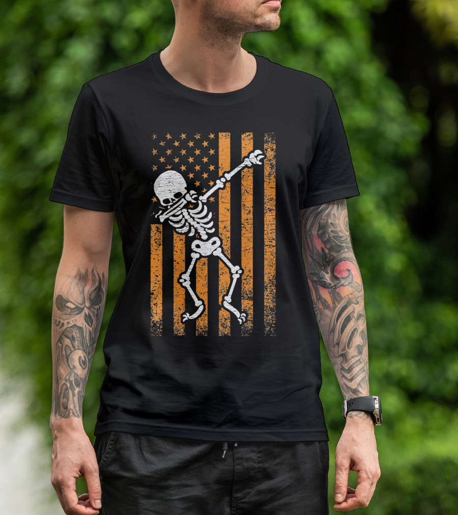 Halloween Dabbing Skeleton American Flag Retro Style Icons T-Shirt