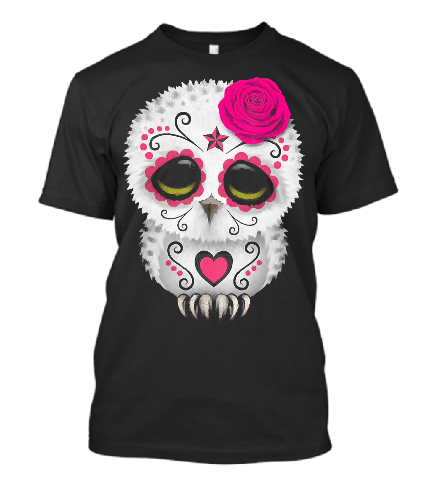 Owl Sugar Skull With Pink Rose And Heart Motif T-Shirt