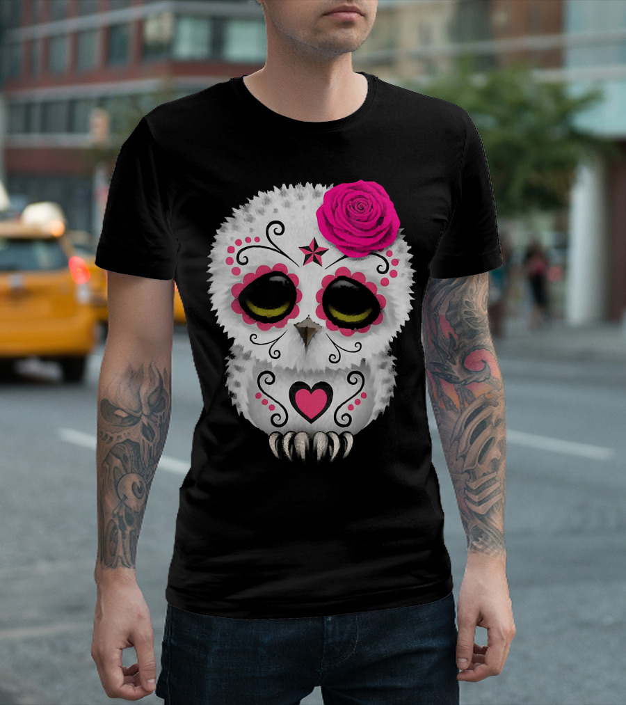 Owl Sugar Skull with Pink Rose and Heart Motif T-Shirt
