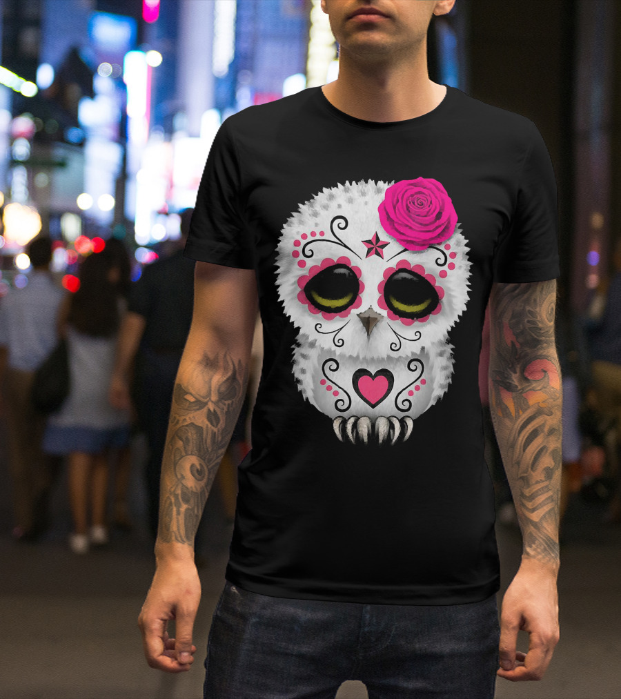 Owl Sugar Skull With Pink Rose And Heart Motif T-Shirt