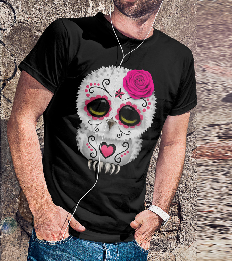 Owl Sugar Skull With Pink Rose And Heart Motif T-Shirt