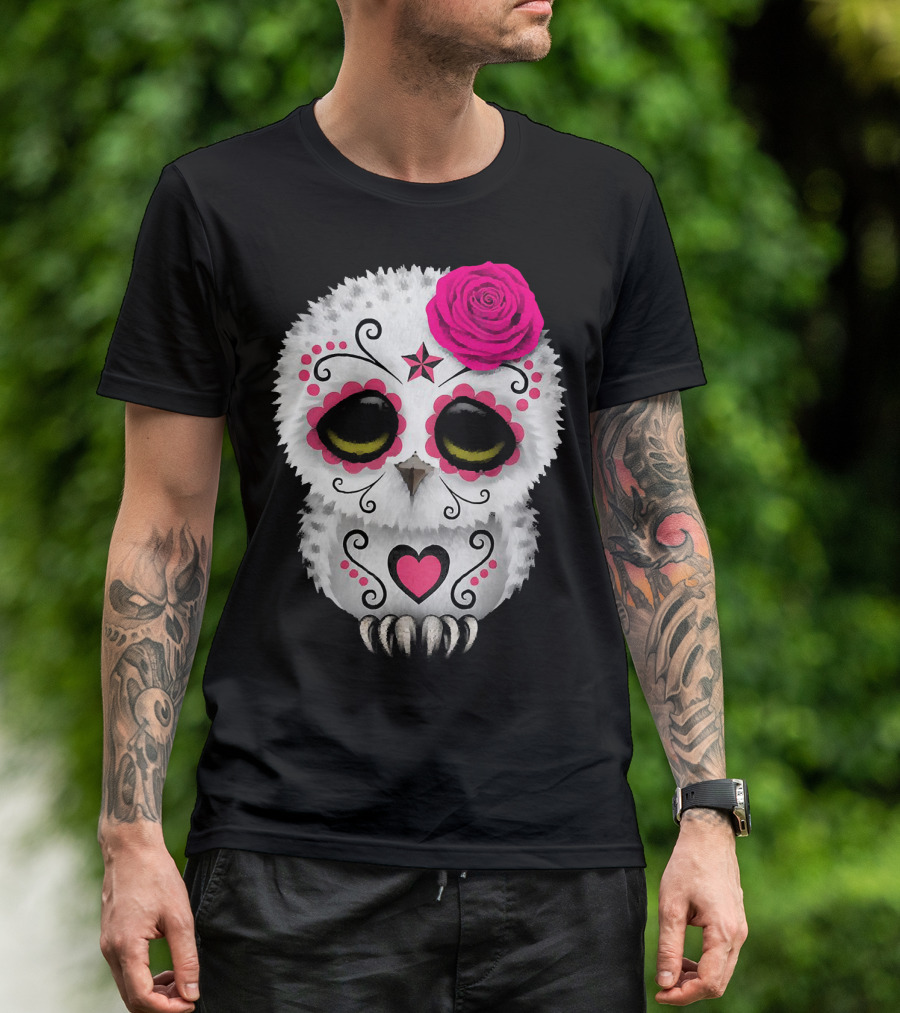 Owl Sugar Skull With Pink Rose And Heart Motif T-Shirt