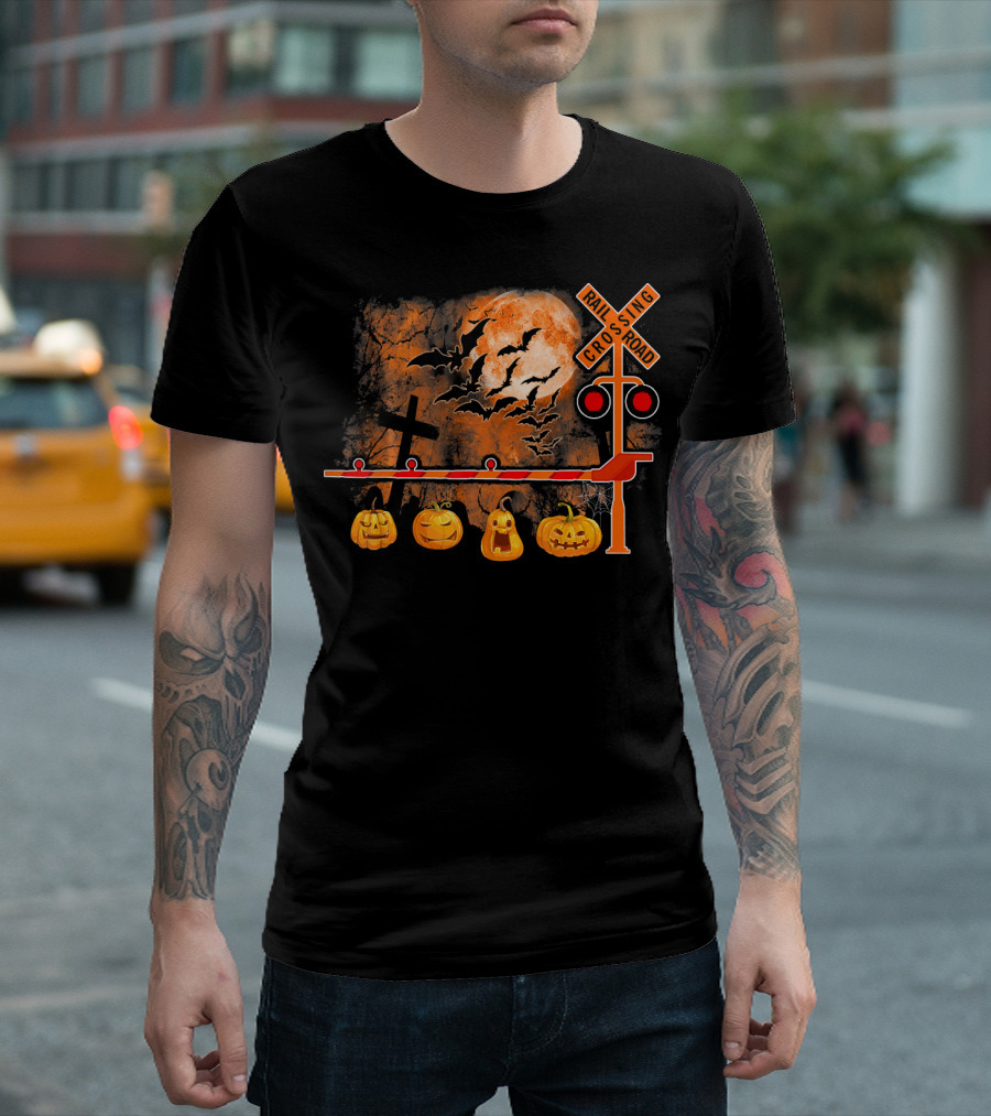 Halloween Railroad Crossing Sign With Pumpkins And Bats T-Shirt