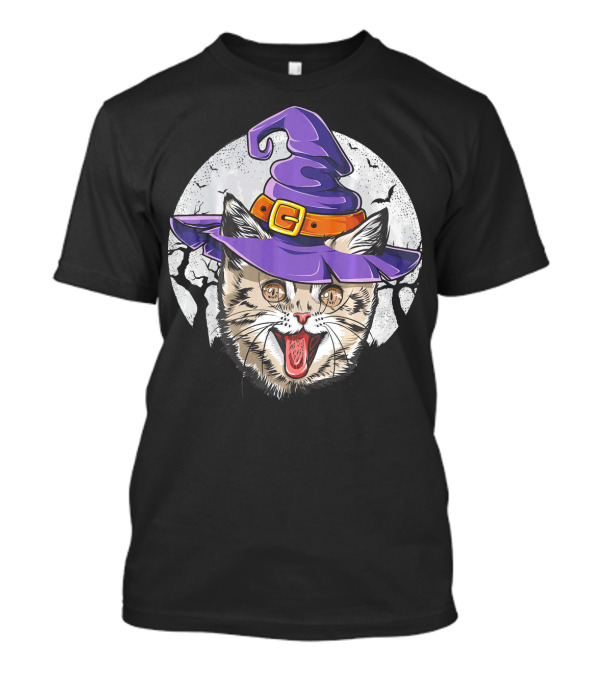 Funny Halloween Witch Cat With Purple Hat And Moon Background T-Shirt