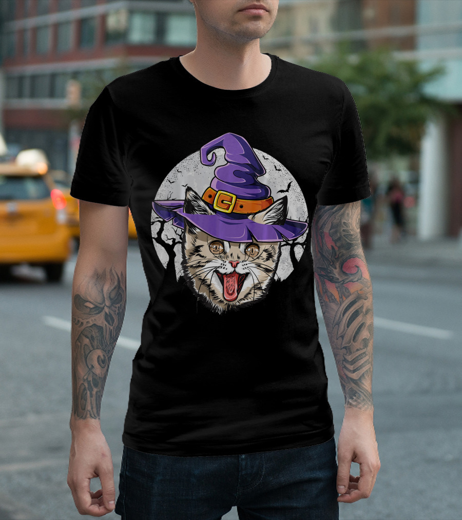 Funny Halloween Witch Cat with Purple Hat and Moon Background T-Shirt