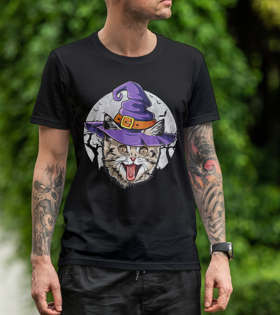 Funny Halloween Witch Cat With Purple Hat And Moon Background T-Shirt