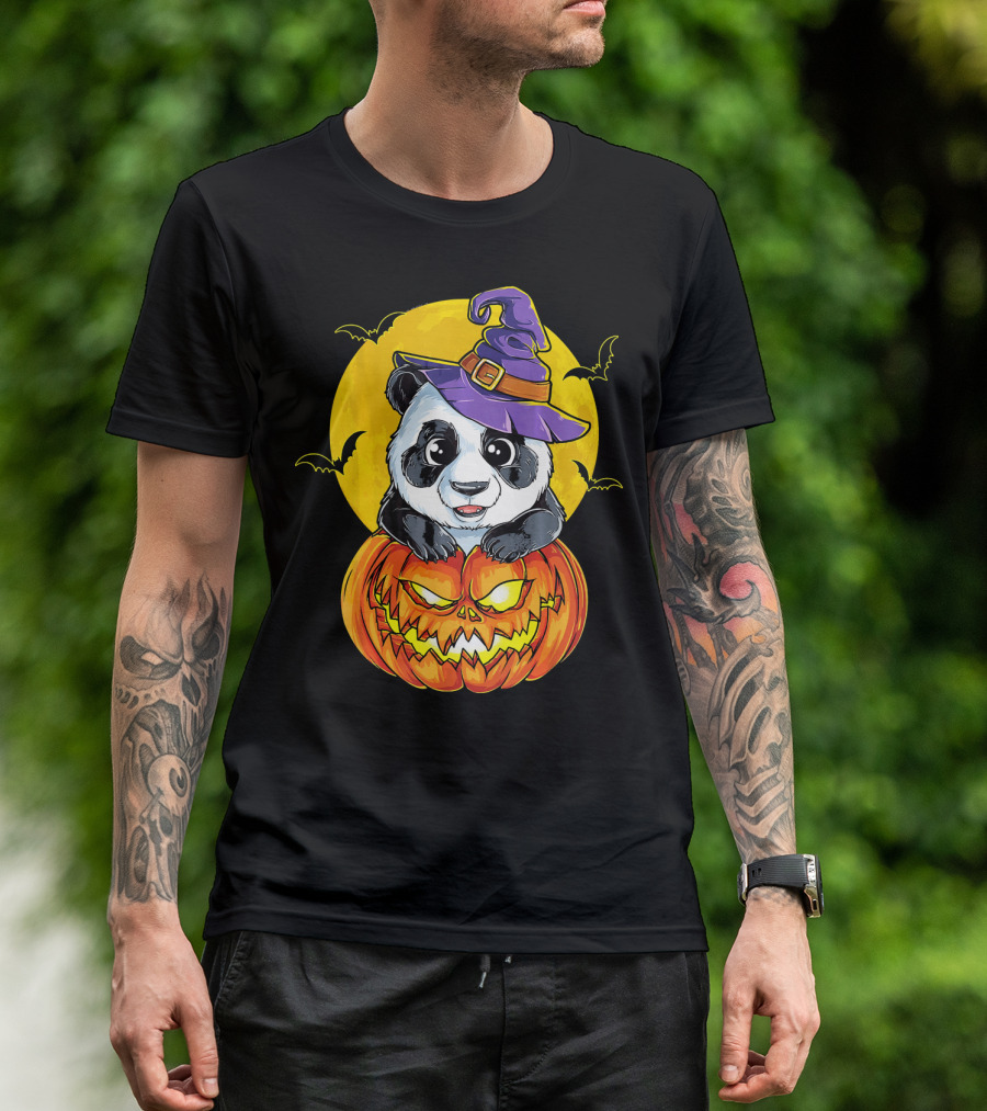 Panda Witch Halloween Pumpkin Moon Bats T-Shirt