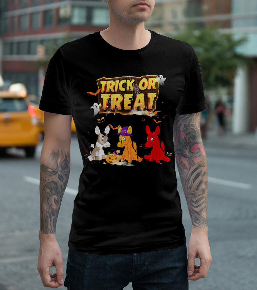 Trick Or Treat Three Donkeys Halloween Candy Pumpkins Ghosts T-Shirt