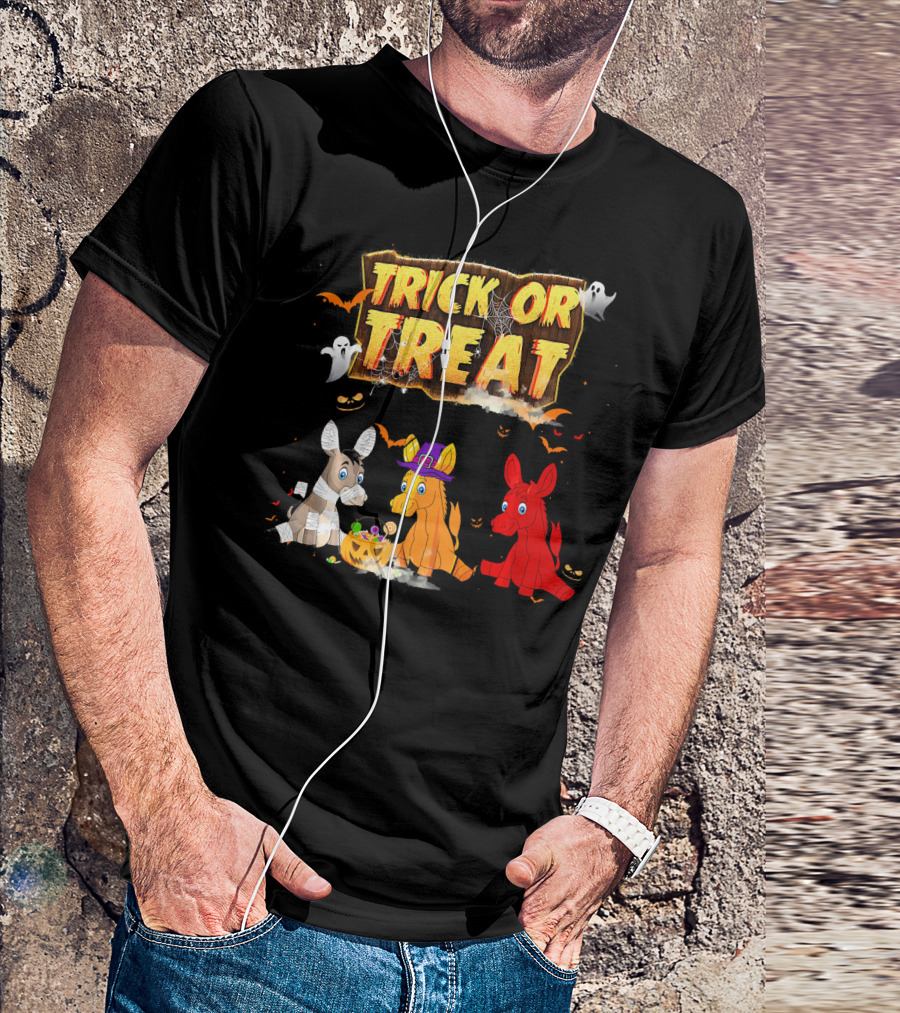 Trick Or Treat Three Donkeys Halloween Candy Pumpkins Ghosts T-Shirt