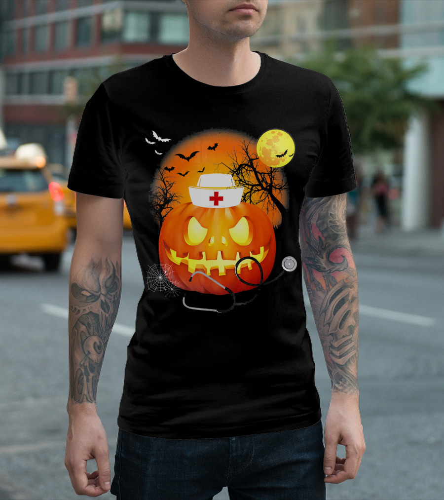 Nurse Halloween Pumpkin With Stethoscope And Bats T-Shirt